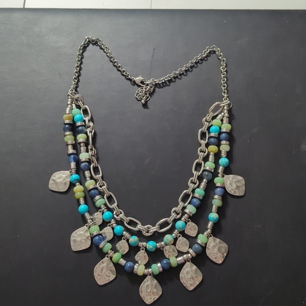 Silver Tone Blue and Green Beaded Layered Multi Strand Statement Necklace